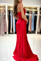 Simple sweetheart sleeveless mermaid satin prom dresses splitfront
