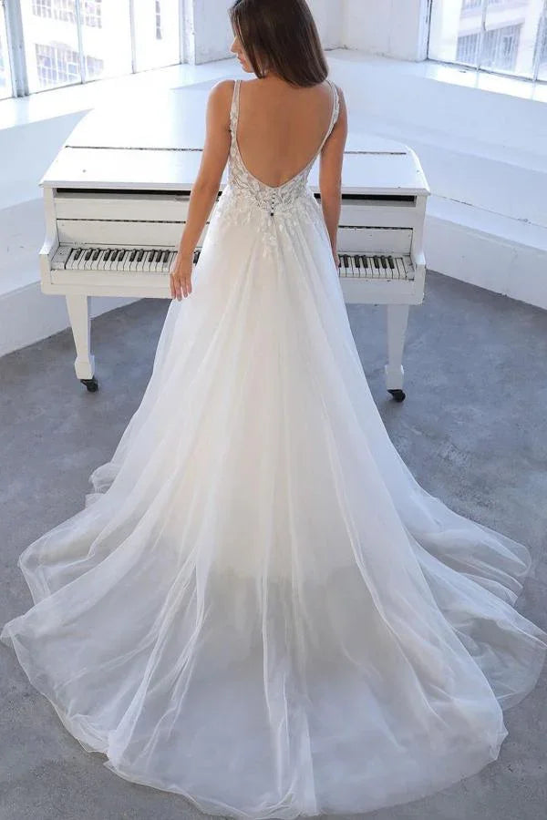 Simple White Long A-line V-neck Tulle Lace Backless Wedding Dress