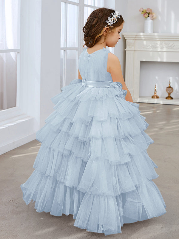 Ball-Gown/Princess Pearl Pink Sleeveless Tulle Bow Flower Girl Dress (010220814)