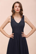 Sleeveless Black A-line Evening Maxi Dress Chiffon Bridesmaid Dress Formal Dress