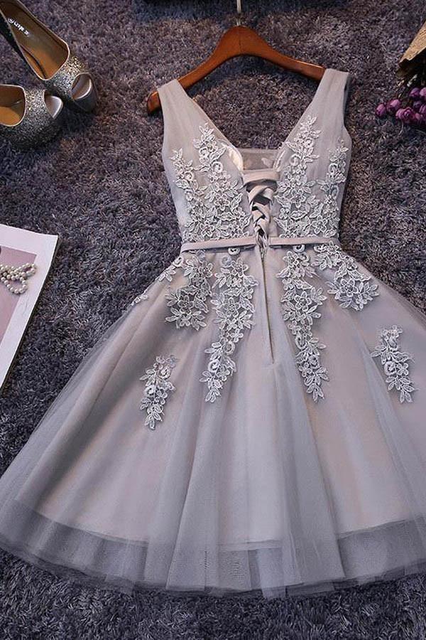 Sleeveless Lace-up Tulle Short homecoming Dress Lace Appliques