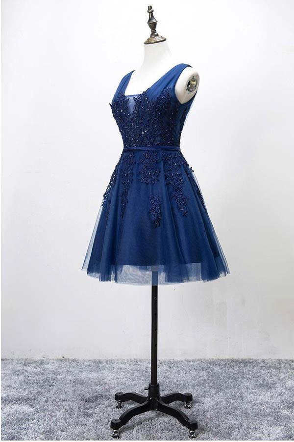 Sleeveless Lace-up Tulle Short homecoming Dress Lace Appliques
