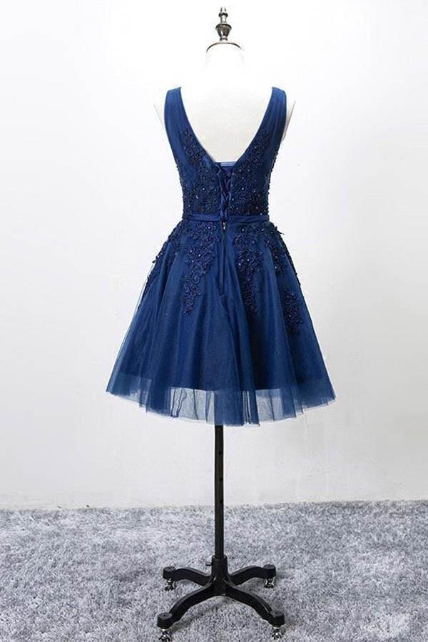 Sleeveless Lace-up Tulle Short homecoming Dress Lace Appliques