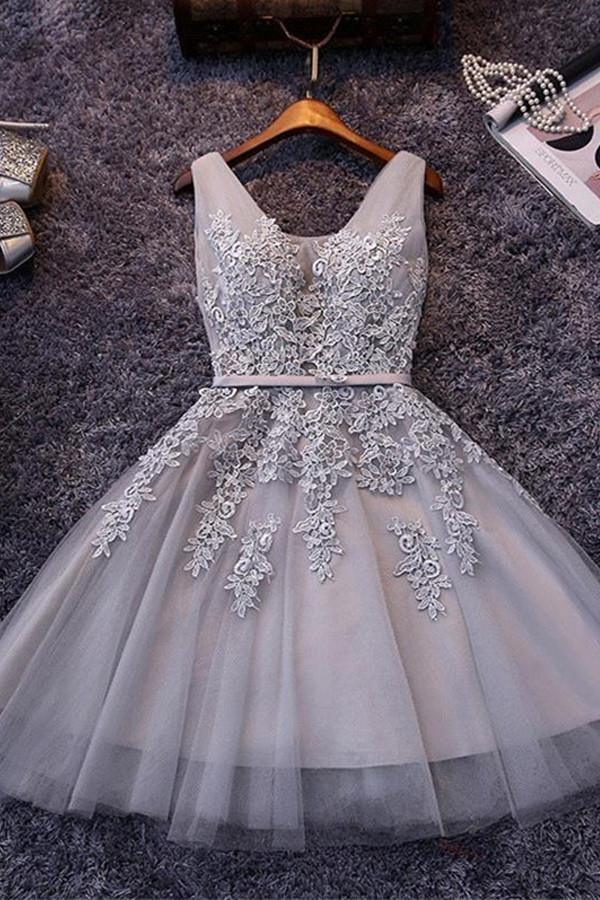 Sleeveless Lace-up Tulle Short homecoming Dress Lace Appliques