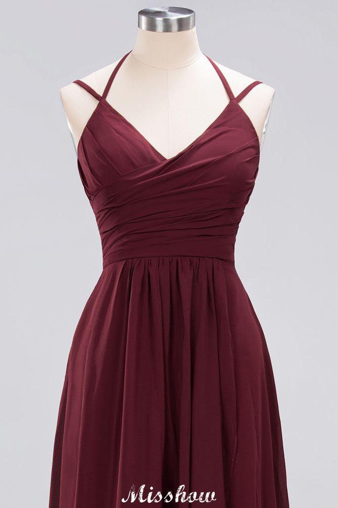 Spaghetti Sleeveless Ruffles A-line Chiffon Bridesmaid Dresses Straps Evening Maxi Dress