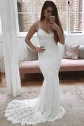 Spaghetti Straps Mermaid All Over Lace Ivory Wedding Dress