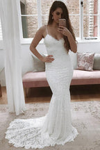 Spaghetti Straps Mermaid All Over Lace Ivory Wedding Dress