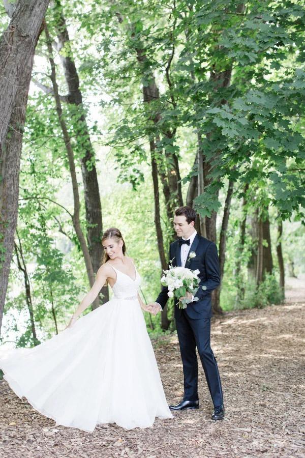 Spaghetti Straps V-neck A-line Wedding Dress with Crystals Belt