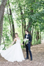 Spaghetti Straps V-neck A-line Wedding Dress with Crystals Belt