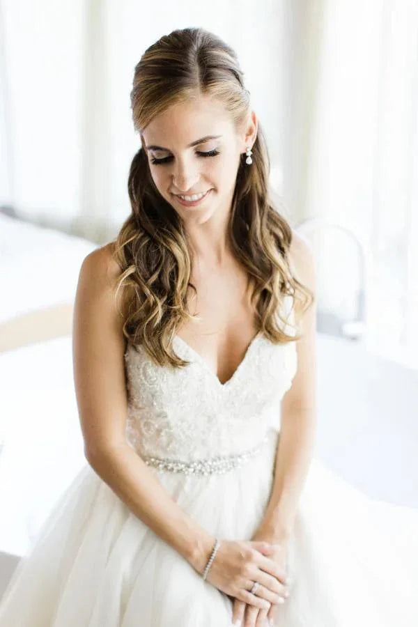 Spaghetti Straps V-neck A-line Wedding Dress with Crystals Belt