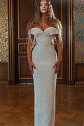 Sparkle White Off-the-shoulder Sequined Column Prom Dress