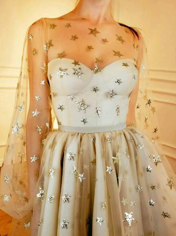 Sparkly A Line Round Neck Long Sleeves Homecoming Dress With Sequin