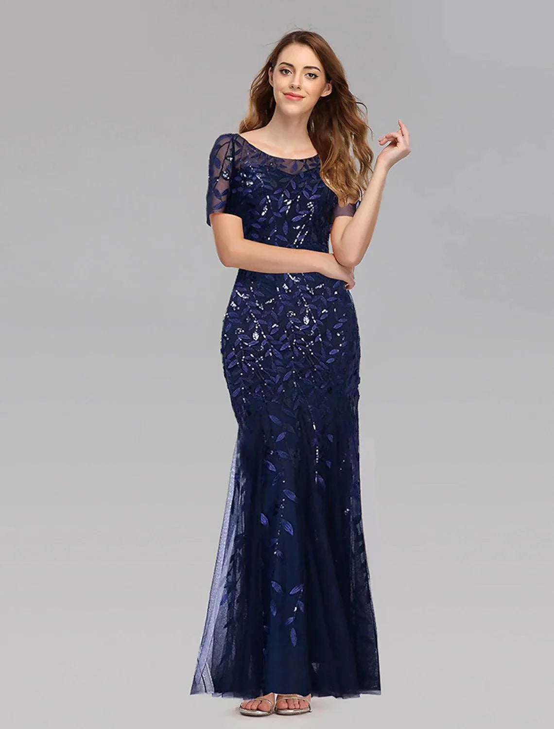 Mermaid / Trumpet Evening Gown Empire Dress Prom Formal Evening Floor Length Short Sleeve Jewel Neck Fall Wedding Guest Tulle with Embroidery