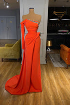 Strapless Orange Sequined Long Prom Dress Long sleeves