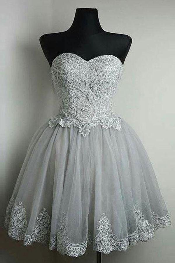 Strapless Sweetheart Neck Homecoming Dresses Lace Appliqued