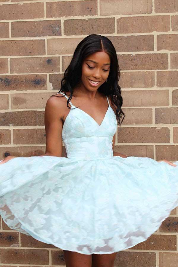 Straps A-line Lace Short Prom Dress Pink Homecoming Dress
