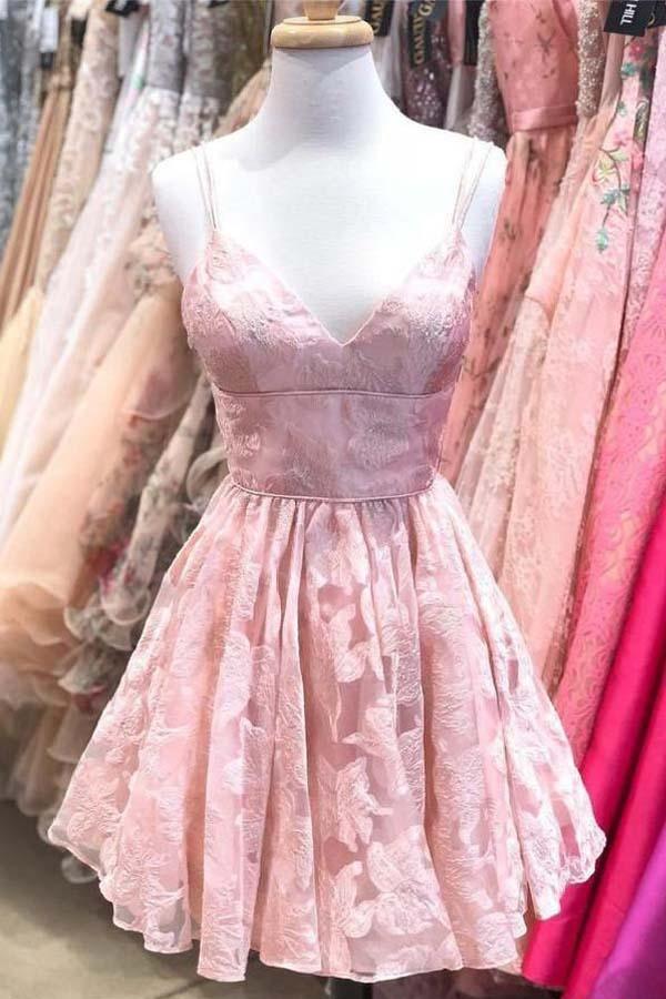 Straps A-line Lace Short Prom Dress Pink Homecoming Dress