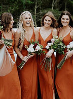 Straps A-Line V-Neck Orange Chiffon Bridesmaid Dress with Split