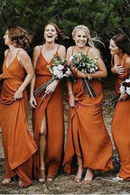 Straps A-Line V-Neck Orange Chiffon Bridesmaid Dress with Split