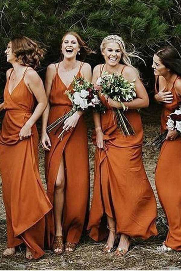Straps A-Line V-Neck Orange Chiffon Bridesmaid Dress with Split