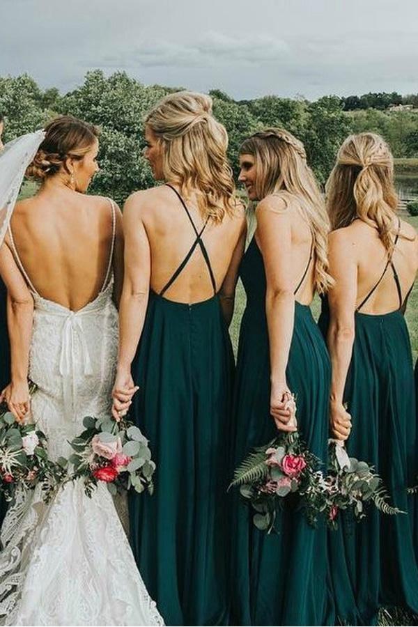 Straps Dark Green Long Bridesmaid Dress with Criss Cross Back
