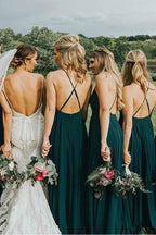 Straps Dark Green Long Bridesmaid Dress with Criss Cross Back