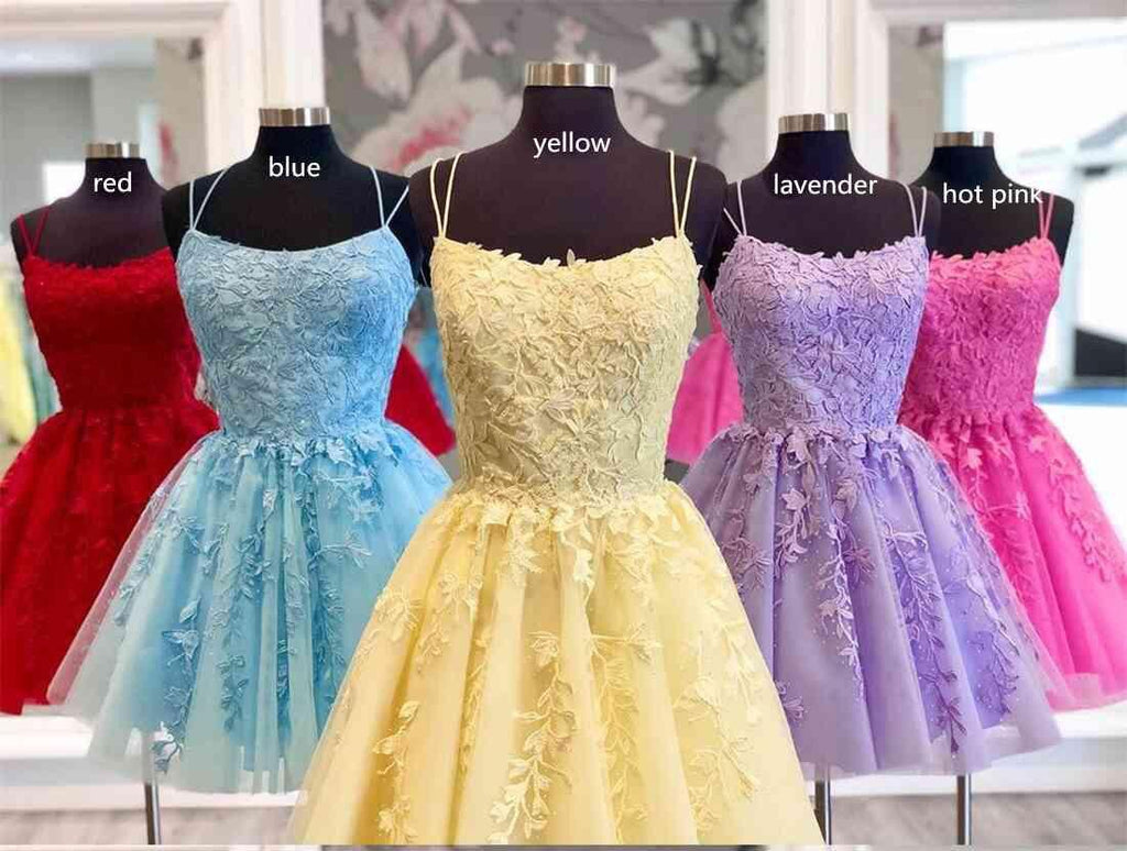 Straps Lace Applique Homecoming Dress Short Prom Dress