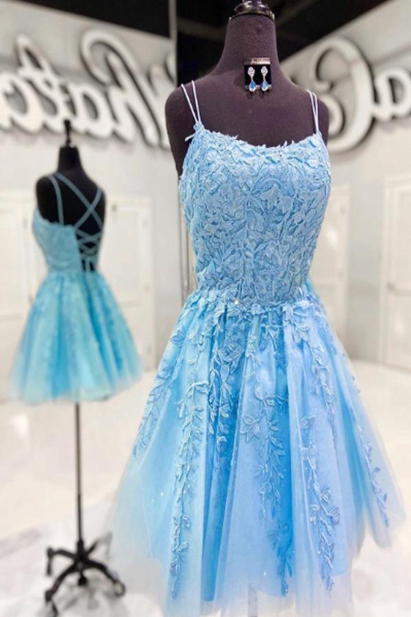 Straps Lace Applique Homecoming Dress Short Prom Dress