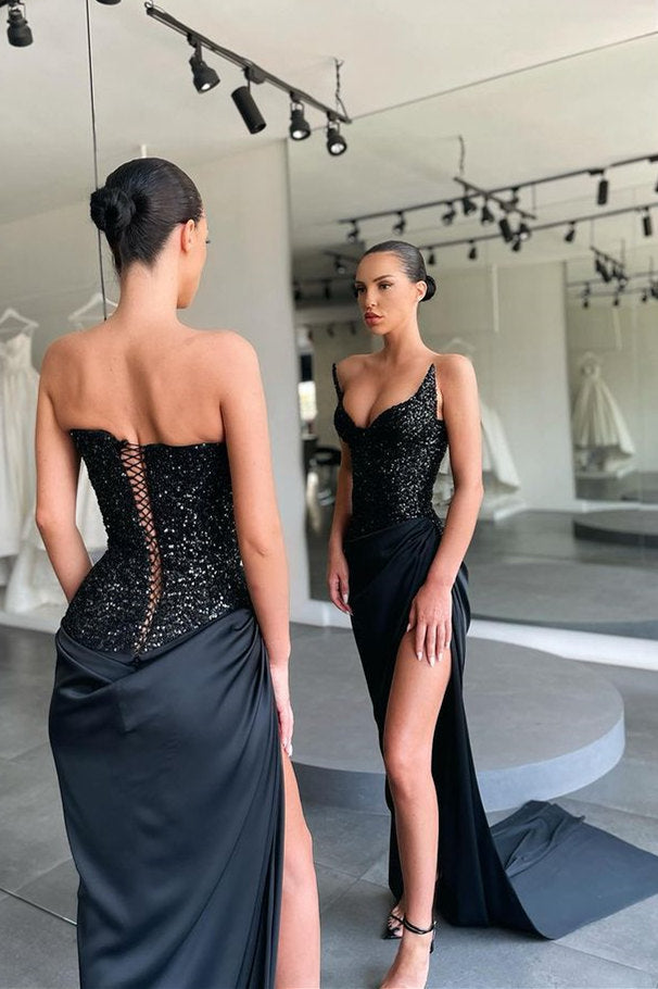 Stunning Black High-split Lace-up Sequined Prom Dress special Strapless