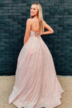 Stunning Pink Sequins A-Line Long Prom Dress