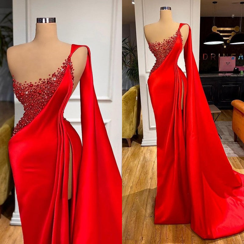 Stunning Red Stones High split mermaid Evening Dress Sleeveless