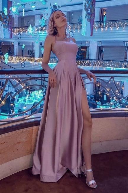 Stunning Spaghetti Straps Satin Evening Dress with Side Slit