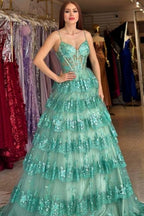 Stylish Long Green A-line Spaghetti Straps Sequined Lace Prom Dress