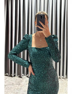 Sheath / Column Evening Gown Elegant Dress Formal Fall Tea Length Long Sleeve Square Neck Sequined with Glitter Slit
