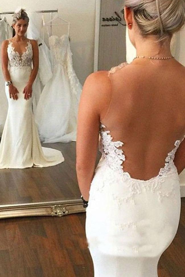 NumberSea White Lace See Through Mermaid Open Back Wedding Dresses, MW203