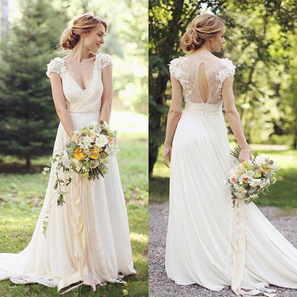 NumberSea Sheer Back Deep V Neck Short Sleeve Wedding Dresses With Appliques, MW133