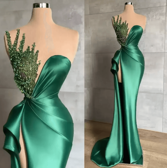 Sweetheart Green Long Mermaid Shiny Sleeveless Prom Dress With Beads