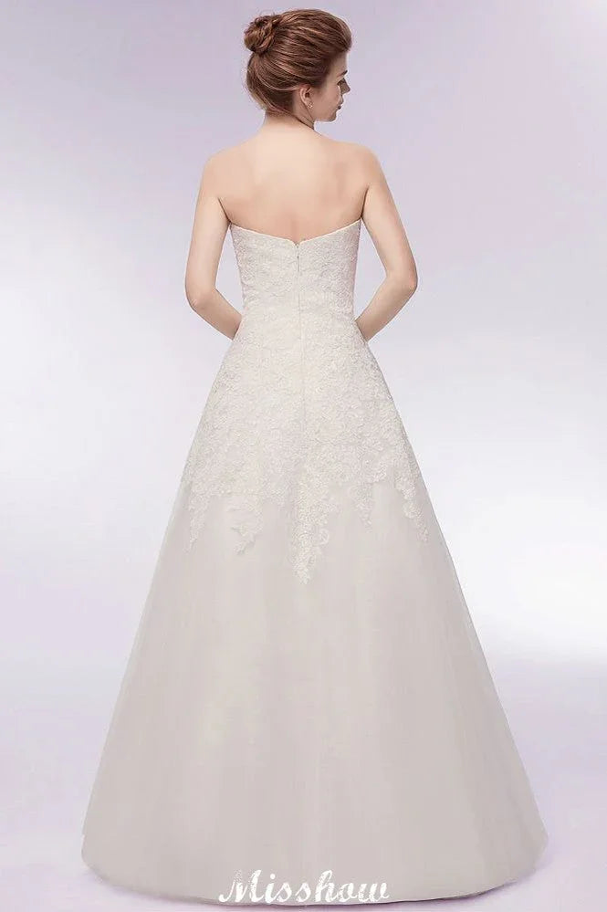 Sweetheart Strapless A-line Long Lace Tulle Wedding Dresses
