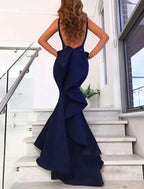Mermaid / Trumpet Evening Gown Open Back Dress Formal Wedding Guest Court Train Sleeveless V Neck Stretch Fabric with Bow(s) Ruffles