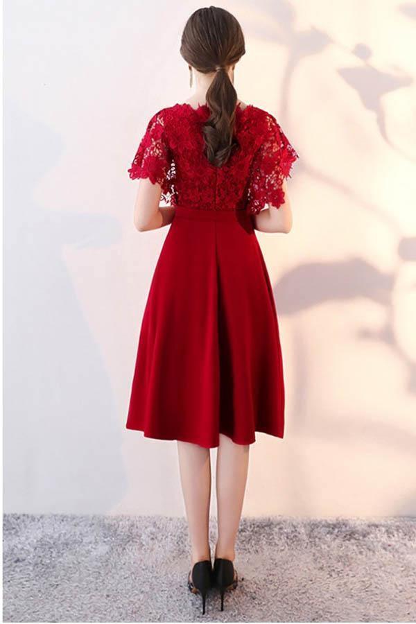 Tea Length Lace Sleeve Wedding Party Dress Homecoming Dress with Sash