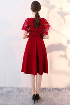 Tea Length Lace Sleeve Wedding Party Dress Homecoming Dress with Sash