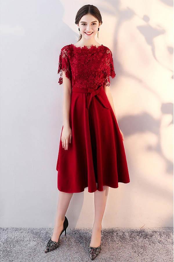 Tea Length Lace Sleeve Wedding Party Dress Homecoming Dress with Sash