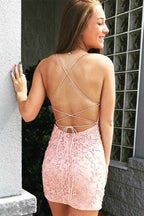 Tie Back  Appliqued Sheath Short Prom Dress Homecoming Dress
