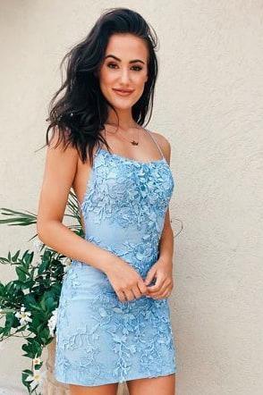 Tie Back  Appliqued Sheath Short Prom Dress Homecoming Dress