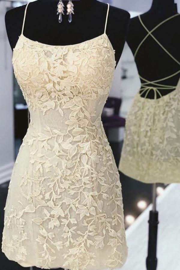 Tie Back  Appliqued Sheath Short Prom Dress Homecoming Dress