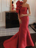 Mermaid Party Dress Evening Gown Floral Dress Christmas Red Green Dress Engagement Court Train Sleeveless One Shoulder Satin with Ruffles