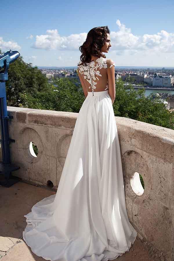 Top lace Appliques Side Slit Chiffon Party Evening Prom Dresses
