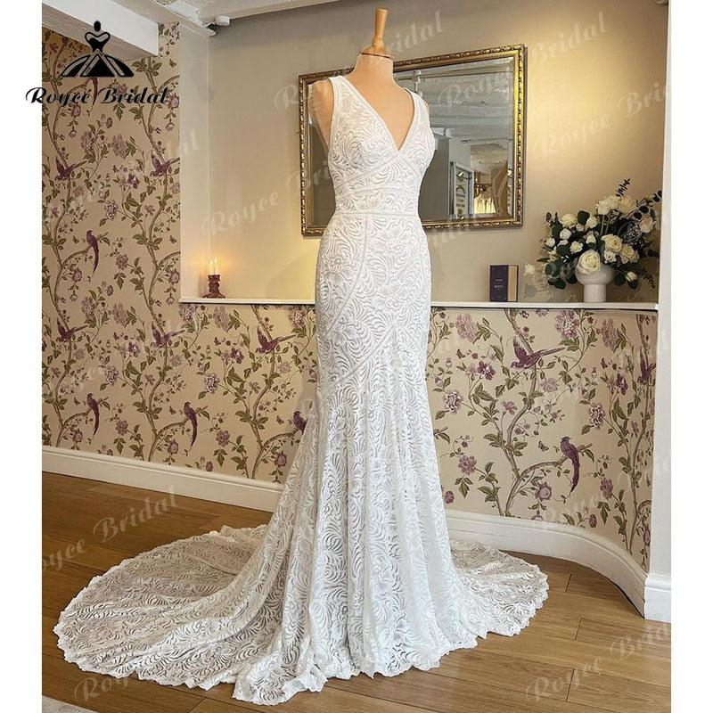trajes de novias largos Mermaid/Trumpet Wedding Dress V Neck Tank Open Back Lace Sleeveless vestido de boda corte sirena&nbsp;