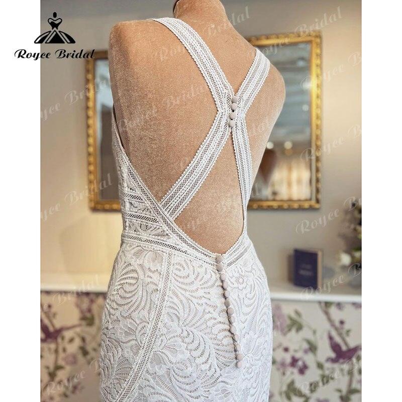 trajes de novias largos Mermaid/Trumpet Wedding Dress V Neck Tank Open Back Lace Sleeveless vestido de boda corte sirena&nbsp;