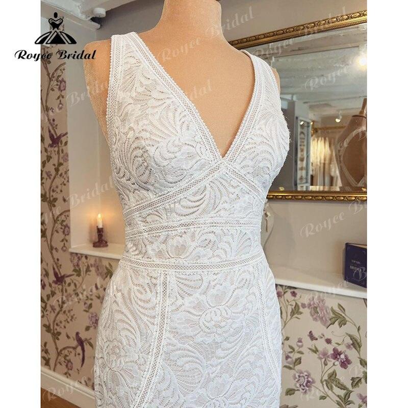 trajes de novias largos Mermaid/Trumpet Wedding Dress V Neck Tank Open Back Lace Sleeveless vestido de boda corte sirena&nbsp;